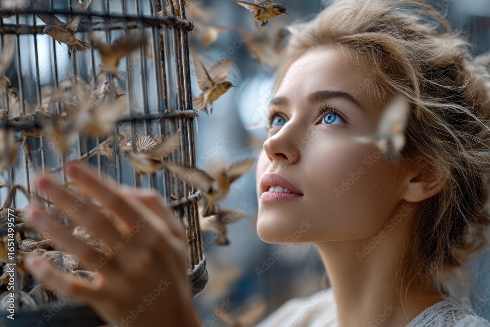 Fototapeta premium Young woman gazes at birds flying from an open cage in a serene indoor setting