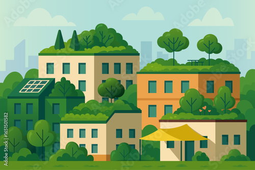Sustainable cityscape with green roofs, solar panels and eco-friendly buildings surrounded by trees