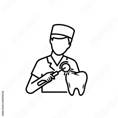 Dental professional examining a tooth with a magnifying glass  