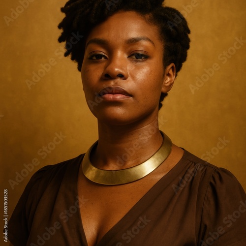 Confident african female adult in brown dress with brass necklace against gold background
