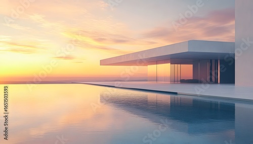 A large white house with a pool and a glass wall. The pool is surrounded by a white fence