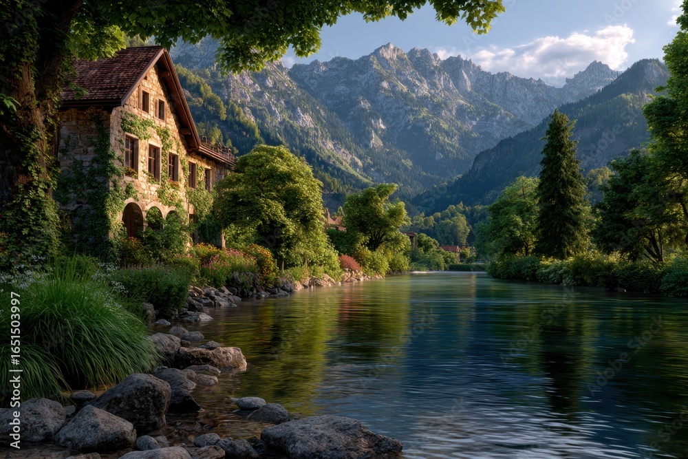 Fototapeta premium Picturesque Mountain Landscape with a Charming European Style House by a Serene River