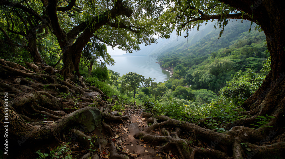 Fototapeta premium Explore scenic nature trail hiking path through forest trees with lake view for travel and adventure seekers