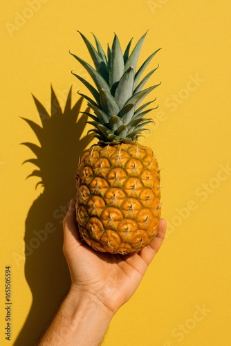 Hand holding pineapple against vibrant yellow background with shadow detail