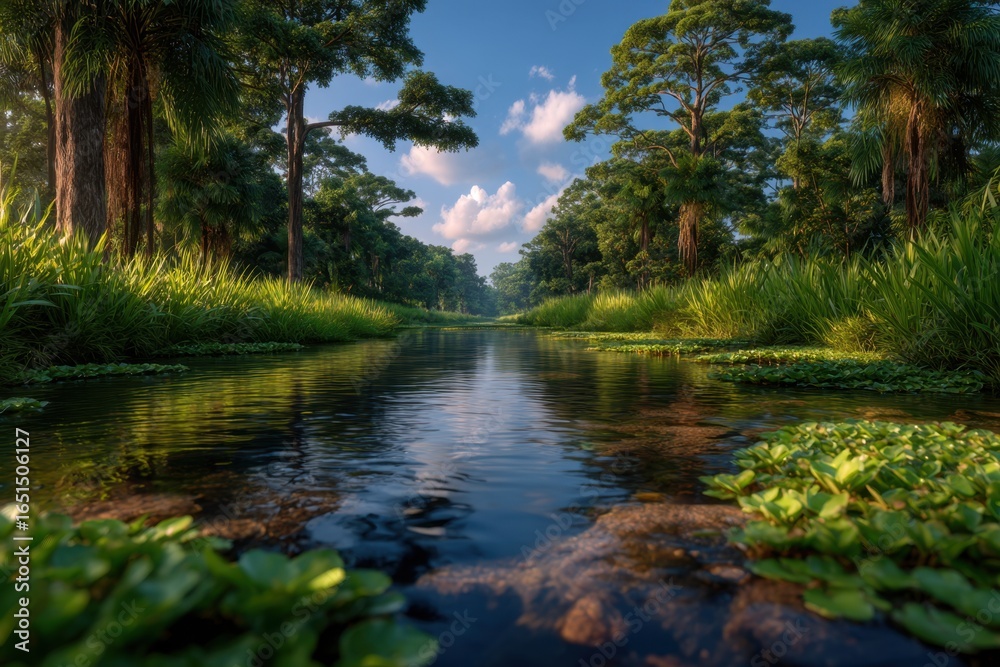 Naklejka premium Tranquil Bayou Landscape with Lush Greenery and Calm Water Under a Blue Sky