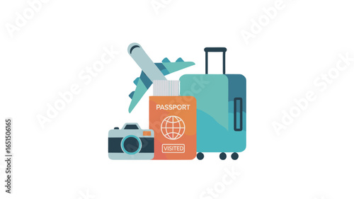 Ready for travel: A travel-themed illustration, with airplane, passport, suitcase, and camera.