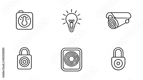 Smart home technology icons arranged in a neat grid, showcasing a sense of modern simplicity.
