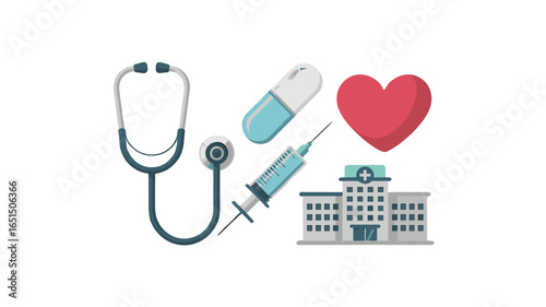 Medical healthcare icon set with stethoscope, pill, syringe, heart and hospital.