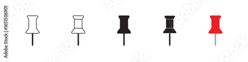 Set of push pin icons in black and red color with solid, outline, and flat styles. Includes social media pin, Instagram pin, needle, attach, thumbtack, note symbol, paperclip, and vector elements.