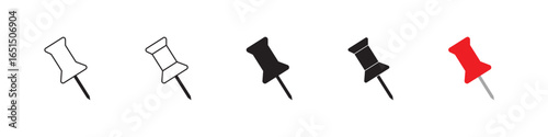 Set of push pin icons in black and red color with solid, outline, and flat styles. Includes social media pin, Instagram pin, needle, attach, thumbtack, note symbol, paperclip, and vector elements.