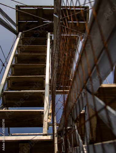 a linear view up a fire tower 