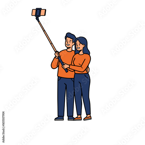 A young couple in matching sweaters takes a selfie with their smartphone