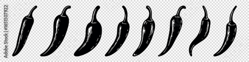 Vector Chili Pepper Silhouette Set. Vintage Hand Drawn Hot Chili Pepper. Black Spicy Chili Pepper Silhouette Design Template for Menu, Label, Packaging, Mexican Food, Tattoo, Logo, Sticker, Clipart