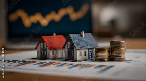 Miniature houses and coins on financial charts with a blurred stock graph