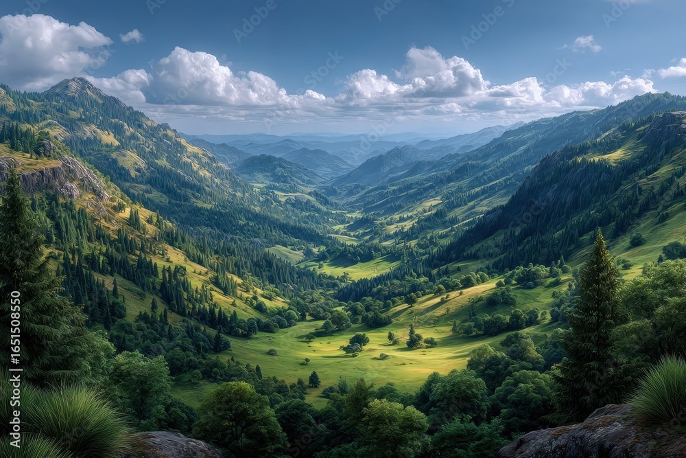 Fototapeta premium Breathtaking alpine valley bathed in sunlight, showcasing lush green meadows and forested hillsides under a cloudy sky.