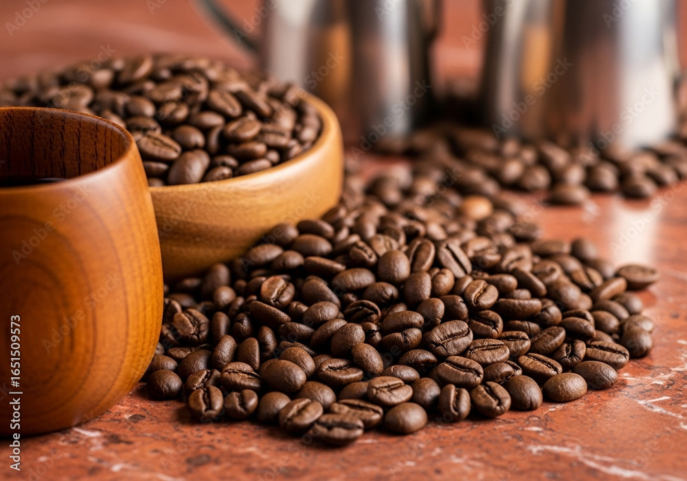 Fototapeta premium Roasted coffee beans spread across a surface, highlighting rich brown tones, texture, and aroma in a detailed macro shot.