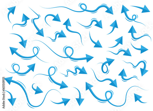 A collection of curved and straight blue arrows pointing in different directions against a clean white background. This evokes senses of direction and movement.