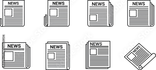 newspaper icon set, news symbol, press graphic design, folded and rolled newspaper, journalism icon variations, media silhouette, outline and filled news illustration