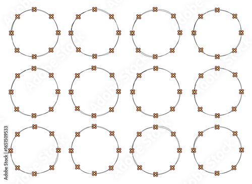 A symmetrical arrangement of twelve circular illustrations each adorned with a regular pattern of evenly spaced stylized floral elements, presented against a white backdrop.