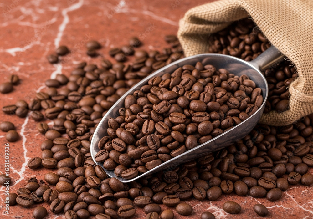 Fototapeta premium Roasted coffee beans spread across a surface, highlighting rich brown tones, texture, and aroma in a detailed macro shot.