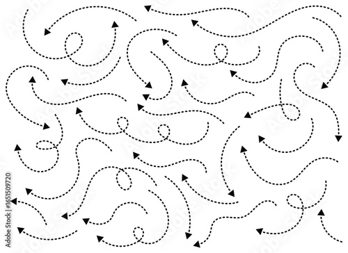 Scattered black dotted arrows, varying in curvature, point in different directions on a white background, symbolizing movement, path, and navigational guidance.