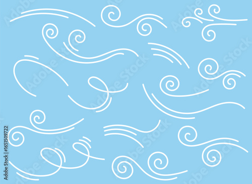 A repeating pattern of abstract white lines representing wind. The design features curves and spirals against a soft blue, suggesting a light and airy atmosphere. 