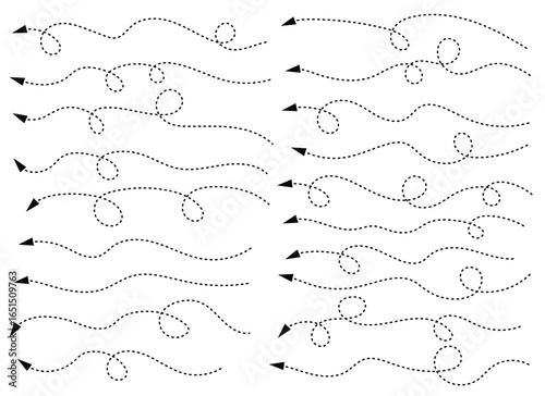 Illustration showing multiple wavy and looped paths made of dashed lines, each ending with an arrowhead. The paths represent various trajectories or directions.