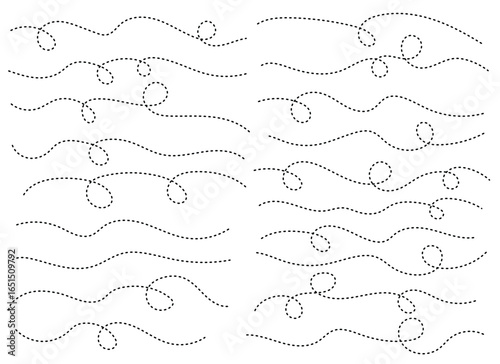 A collection of black dotted lines undulate across a white backdrop, some forming loops, creating a rhythmic, abstract pattern suggesting flow and dynamic movement.