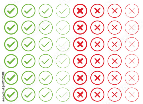A grid of circular icons displays approval and rejection, featuring green check marks and red X marks. Varying line weights add depth to the background.