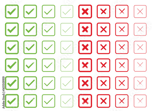 A collection of square checkmarks and cross marks is arranged on a white backdrop.  Green checkmarks sit alongside fading red cross marks in organized rows.