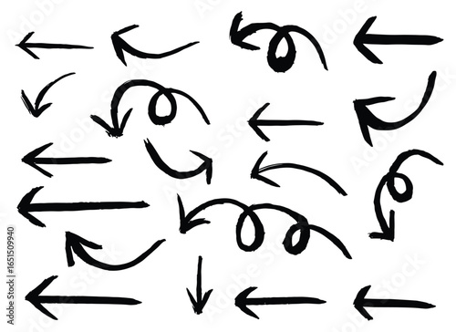 Expressive hand-drawn arrow set. Arrows point in various directions and feature different styles from simple lines to swirls. Created with bold and artistic black brush strokes.