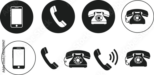 telephone icon set, smartphone symbol, rotary dial phone, communication graphic, black and white design, call icon, vintage phone, mobile device