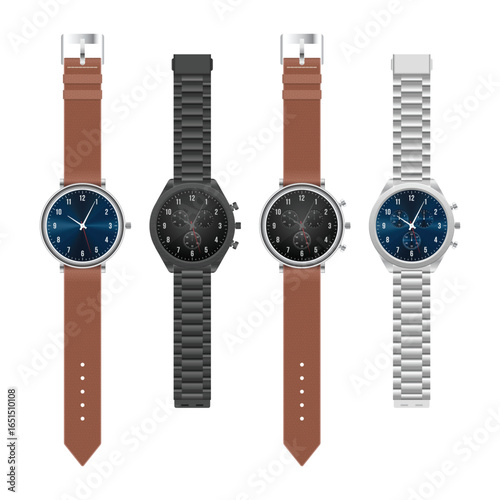 A clean white backdrop showcases an assortment of wristwatches with dark face. The bands are a range of metal and leathers in shades of brown, black, and silver.