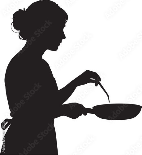 Silhouette of a woman in an apron cooking with a frying pan and spatula vector