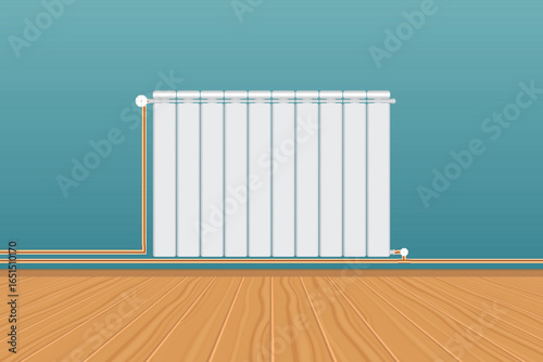 An indoor illustration displays a white central heating radiator mounted on a blue wall above a light wooden floor, complete with copper pipes for a cozy atmosphere.