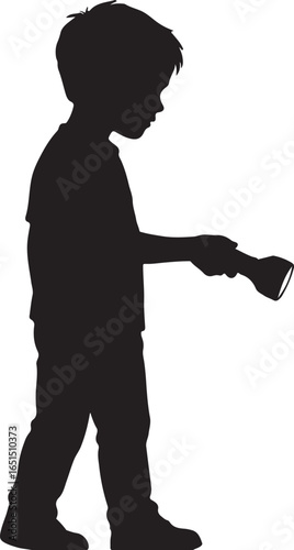 Black silhouette of a young boy holding a flashlight and walking child
