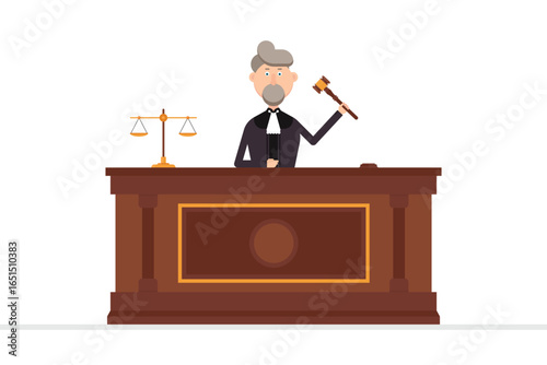 A cartoon judge with gavel presides over a courtroom. Scales of justice sit on his left at the podium. He's wearing a black robe and white neck piece.