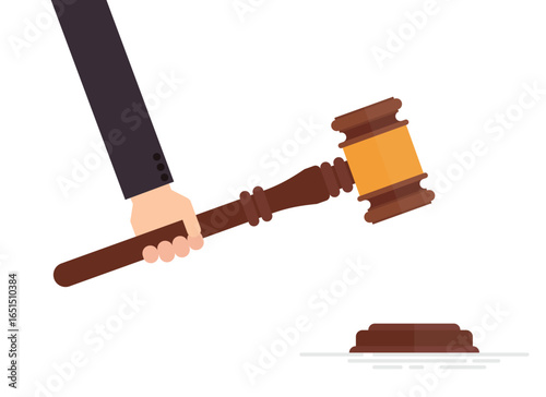 A hand in a suit holds a gavel above a sounding block, poised to strike. The illustration evokes themes of law, justice, and legal proceedings with clarity.