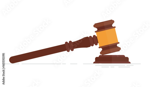 Illustration of a wooden gavel resting on a white background. The gavel is commonly used in courtrooms and symbolizes law, justice, and legal authority.