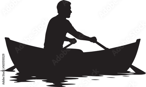 Silhouette of a man rowing a boat on water vector