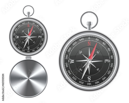 Two metallic compasses are shown on a white backdrop. One compass is shown open with a silver exterior, the other shows the cardinal directions and degrees.