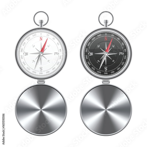 This image shows two compasses, one with a white face and one with a black face. Each compass has a needle pointing north, symbolizing guidance and orientation.