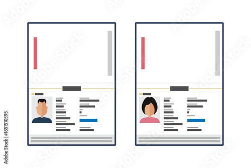 A digital illustration showing two identification documents. Each includes a person's portrait, personal details, and sections for official use. Simple design on a white background.