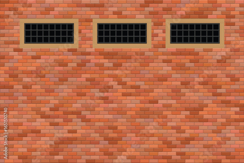 A detailed brick wall shows three windows with dark bars, suggesting containment or structure. The wall has a pattern of reds, oranges, and browns, emphasizing texture.