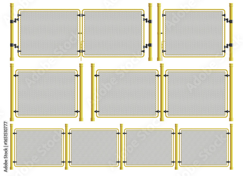 A repeating pattern of nine modular temporary chain link fence sections supported by yellow posts, evenly spaced against a bright white background. For safety use.
