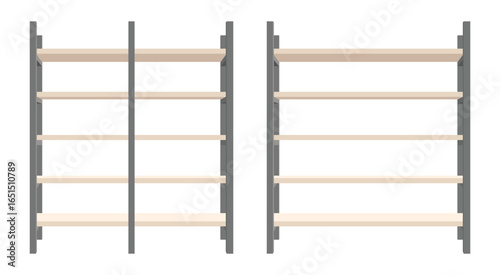 Two shelving units stand against a white background. The frames are gray metal, and the shelves are light-colored wood. The units are empty, ready for storage or display.