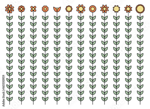 This illustration showcases a diverse assortment of flowers, each uniquely shaped and colored. Each flower is set upon a long, green stem adorned with evenly spaced leaves.