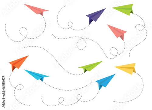 A cheerful collection of colorful paper airplanes, each leaving a dotted trail, creates a whimsical scene against a clean white backdrop, evoking thoughts of journeys.