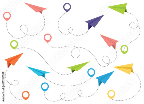 A playful, bright vector illustration of paper airplanes in various colors, each flying along a dotted path towards colorful destination markers. 
