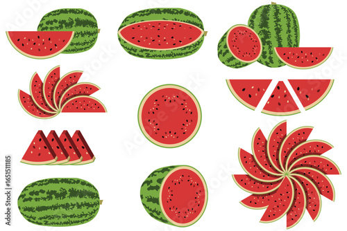 A variety of watermelon arrangements on a white background, showing whole, halved, and sliced watermelons, highlighting their red flesh and dark seeds. The arrangements form patterns.